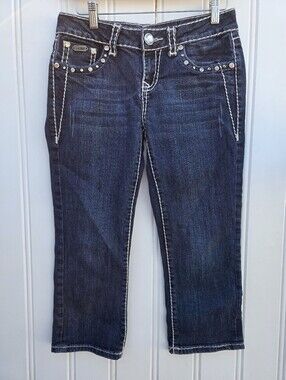 LA Idol Capri Cropped Dark Wash Denim Bling Rhinestone Jeans Size 5 Junior